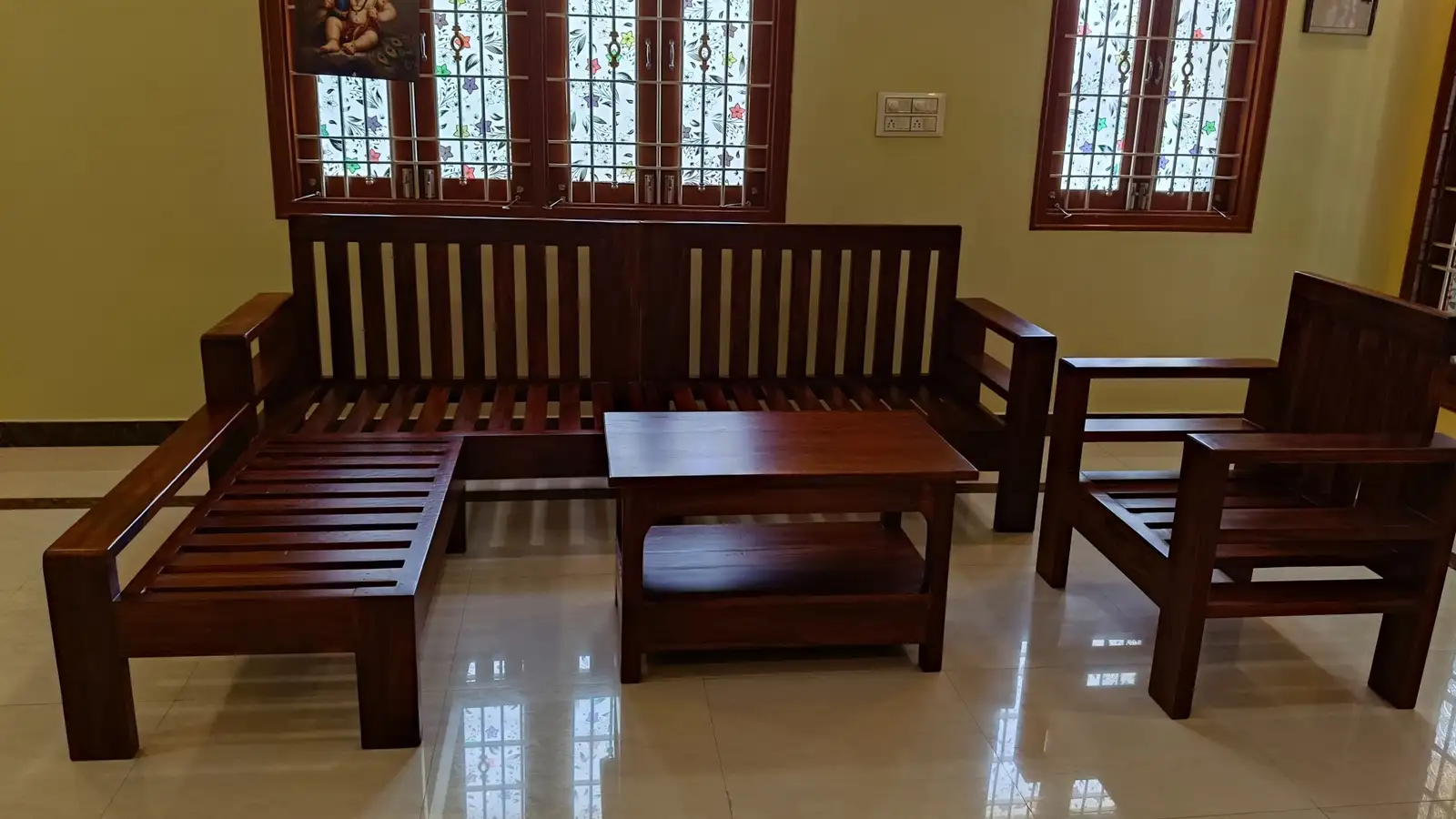Teak wood sofa set and coffee table made to order by Subramaniya Sawmill & Timber Mart